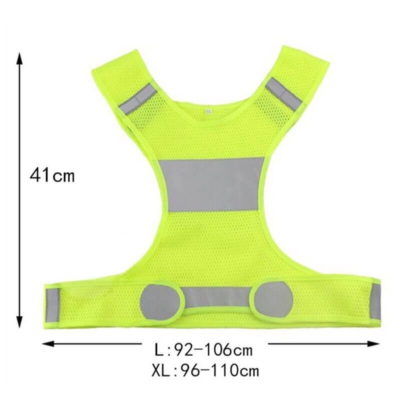 Yellow outdoor reflective security vest for cycling or running, unisex design, with bright reflective strips, dimensions 41cm in height.