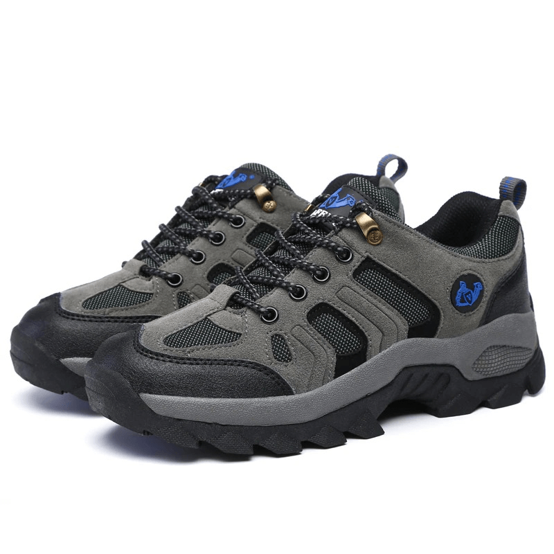Men's outdoor trekking shoes with round-toe, lace-up design in grey, featuring durable suede upper and breathable cotton fabric.