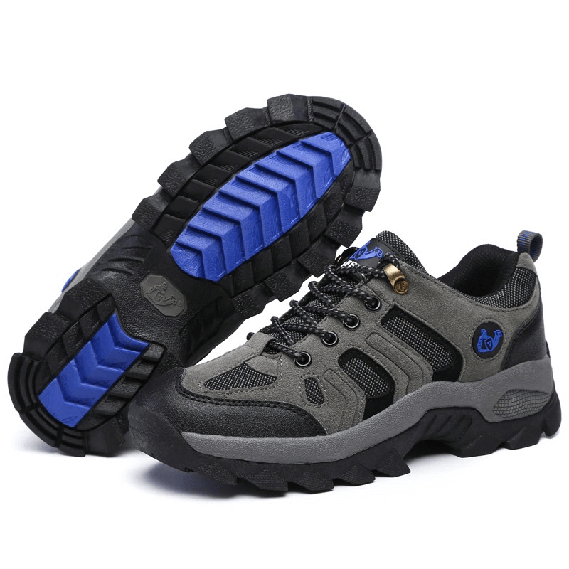 Outdoor Round-Toe Lace-Up Trekking Shoes for Men SF0701 with durable suede and rubber sole, featuring blue highlights for style and stability.