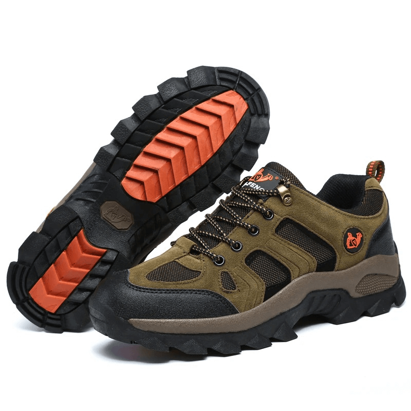 Outdoor round-toe lace-up trekking shoes for men, featuring durable suede, rubber sole, brown and black design with orange accents. SKU: SF0701