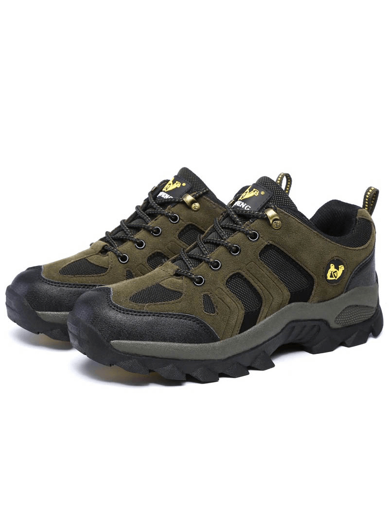 Outdoor round-toe lace-up trekking shoes for men, featuring durable suede and breathable cotton, with waterproof design and rubber sole.