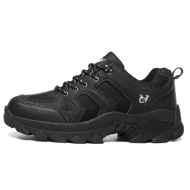Men's black trekking shoes, outdoor round-toe, lace-up, SF0701, with durable rubber sole and suede upper.