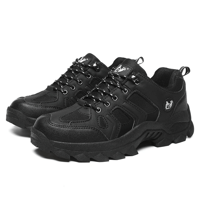 Black outdoor round-toe lace-up trekking shoes for men, SF0701, featuring breathable cotton, suede upper, rubber outsole, and EVA insole.