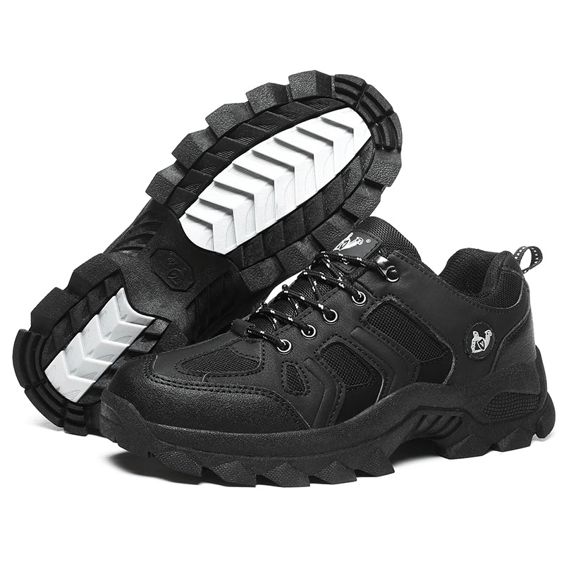 Men's outdoor trekking shoes SF0701 with round-toe, lace-up design, black suede upper, rubber sole for grip, and cushioned EVA insole.