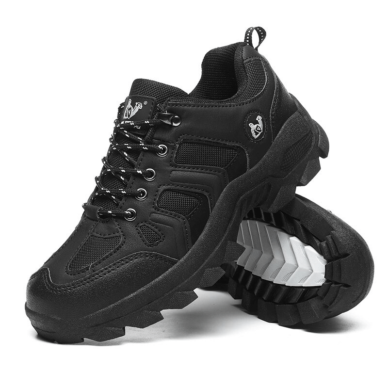 Men's black outdoor round-toe lace-up trekking shoes - durable, breathable, and waterproof with a rugged rubber outsole for stability.