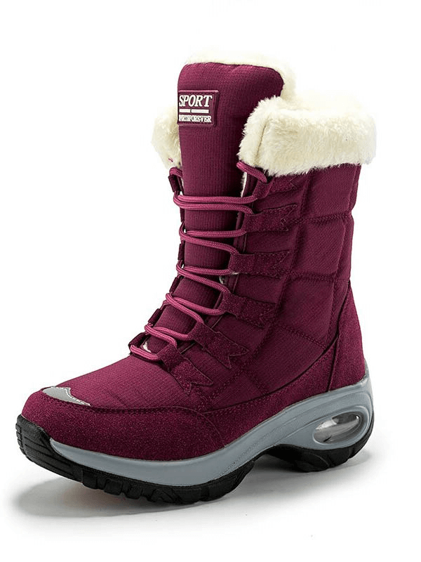 Women's waterproof outdoor snow boot in burgundy, featuring fur lining and rubber sole, ideal for winter trekking - SF0288.