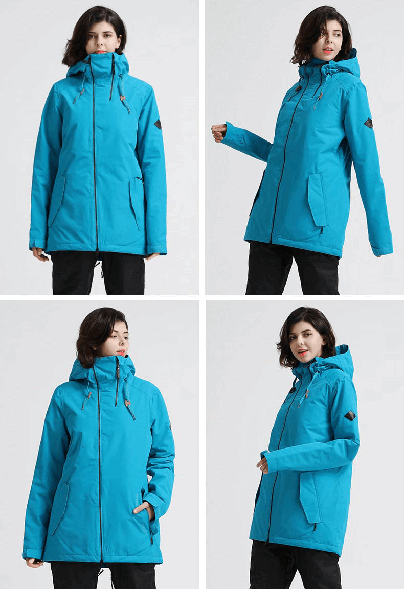 Women's turquoise snowboarding jacket with waterproof and windproof features, designed for skiing and winter activities.