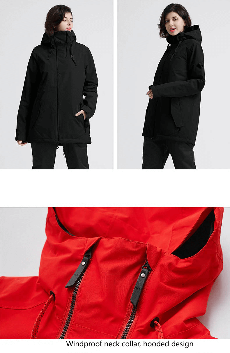 Versatile outdoor snowboarding women's jacket, waterproof and windproof with a hooded design, perfect for skiing and winter sports.