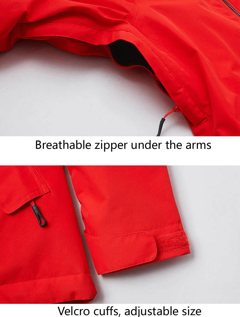 Close-up of red outdoor snowboarding jacket featuring breathable zipper vents and adjustable Velcro cuffs for winter activities.