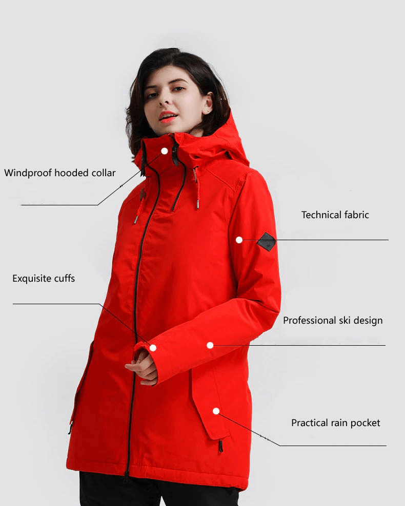 Vibrant red women's snowboarding jacket with hood, featuring waterproof material, windproof design, and multiple ski-specific features.