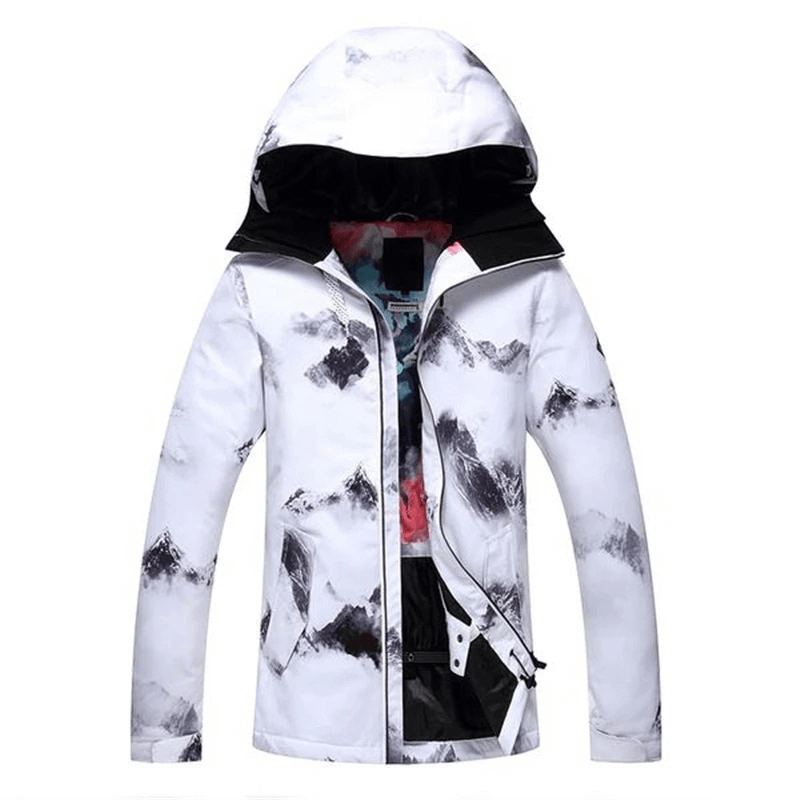 Stylish waterproof women's snowboarding jacket with mountain design, ideal for skiing and winter activities. Model SF0569.