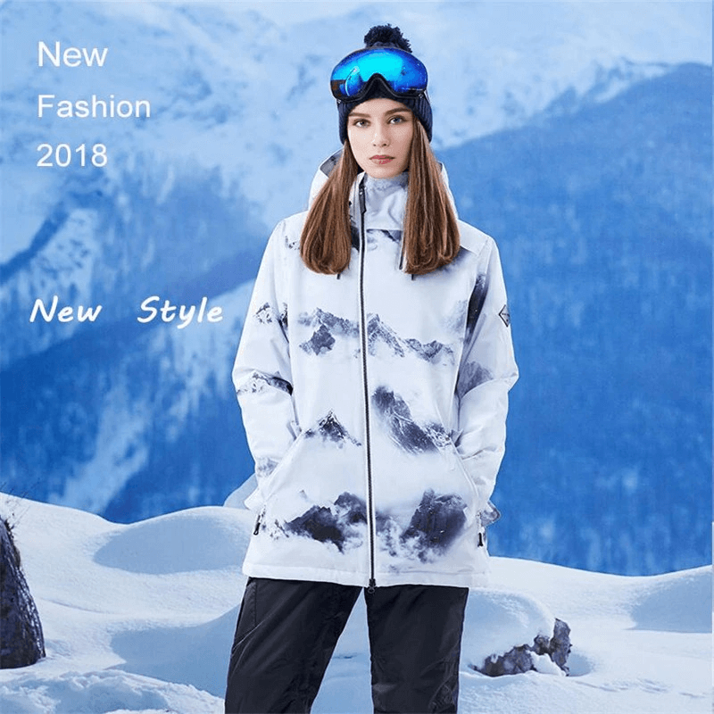 Woman modeling Outdoor Snowboarding Women's Jacket against snowy backdrop, featuring waterproof, windproof design. Style SF0569.