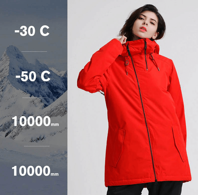Woman in red outdoor snowboarding jacket, designed for -30 to -50 C, showcasing waterproof and windproof features for winter sports.