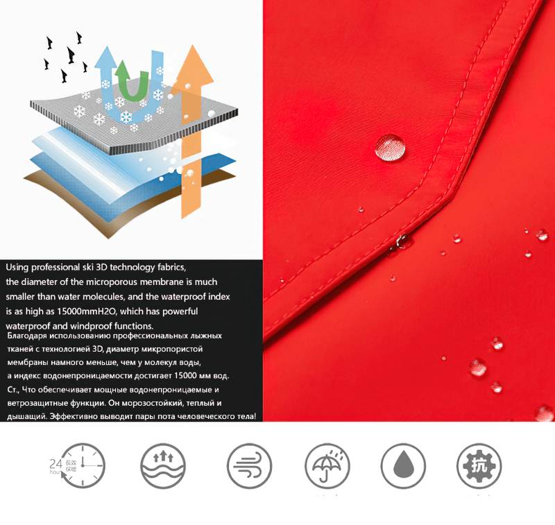 Waterproof and windproof red ski jacket fabric detail with 3D technology, showcasing water resistance and breathability features.