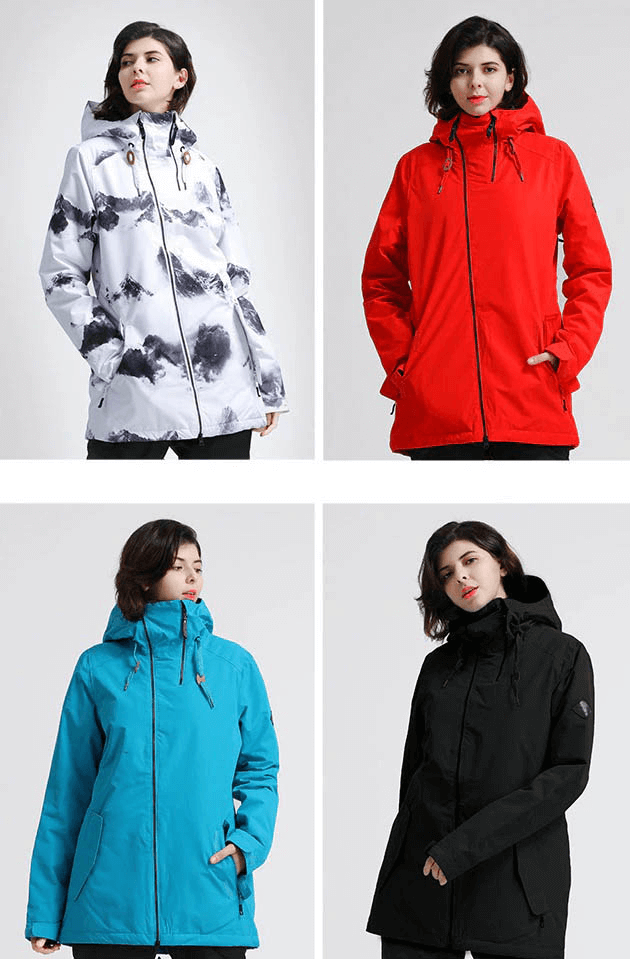 Stylish waterproof women's snowboarding jackets in white, red, blue, and black. Ideal for skiing and winter activities. SF0569