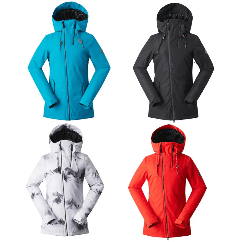 Variety of women's snowboarding jackets in blue, black, white, and red, waterproof and windproof for winter sports.
