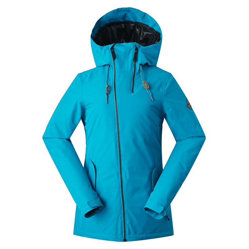 Bright blue women's snowboarding jacket, waterproof and windproof for outdoor winter activities. Perfect for skiing in style and comfort.