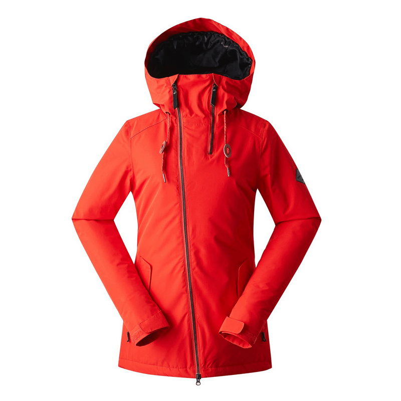 Vibrant red women's snowboarding jacket, waterproof and windproof, ideal for skiing and winter activities. Model SF0569 for outdoor adventure.