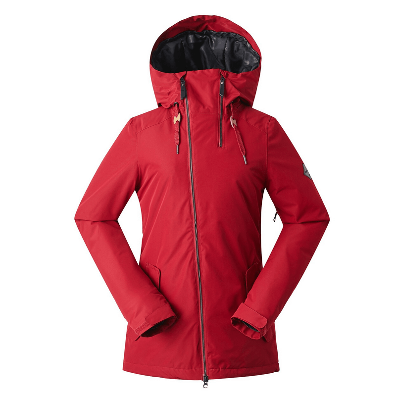 Red women's waterproof snowboarding jacket, ideal for skiing, with windproof and breathable features. Style SF0569 for outdoor winter fun.