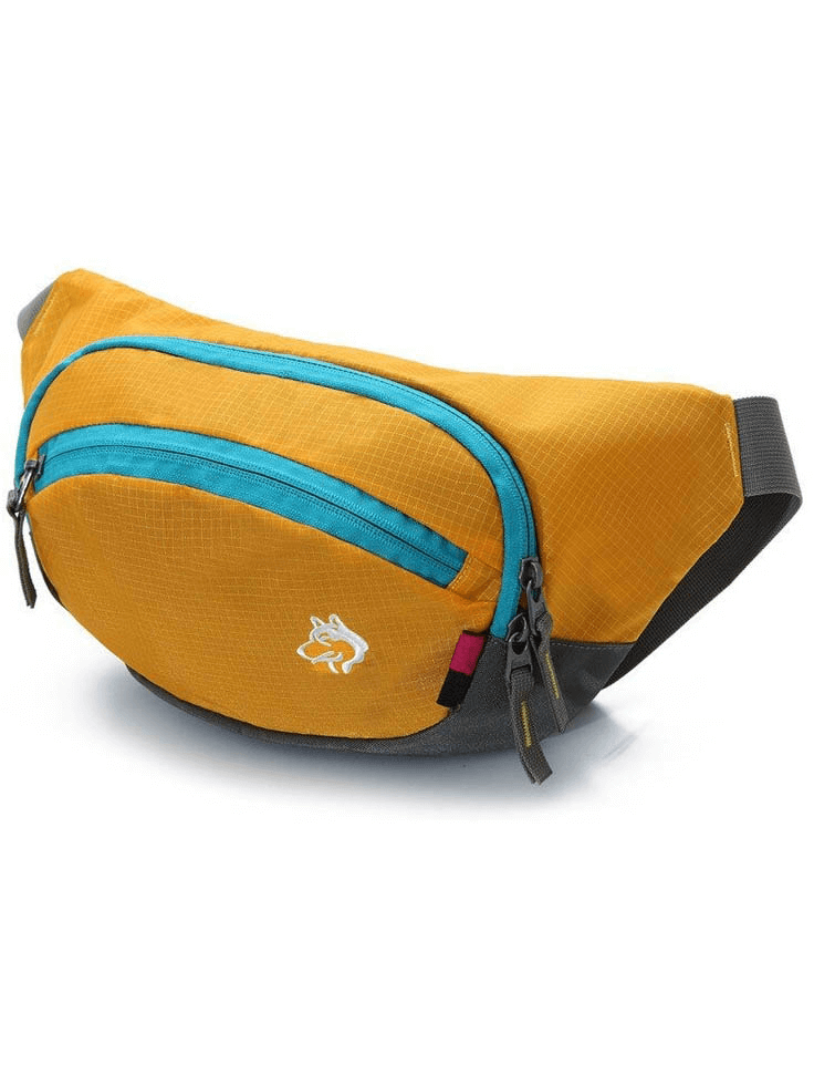Yellow outdoor sports running waist bag with hydration belt, featuring adjustable straps and a durable nylon design.