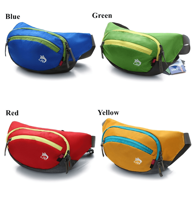 Colorful outdoor running waist bags with hydration belt in blue, green, red, yellow made from durable nylon, perfect for sports enthusiasts.