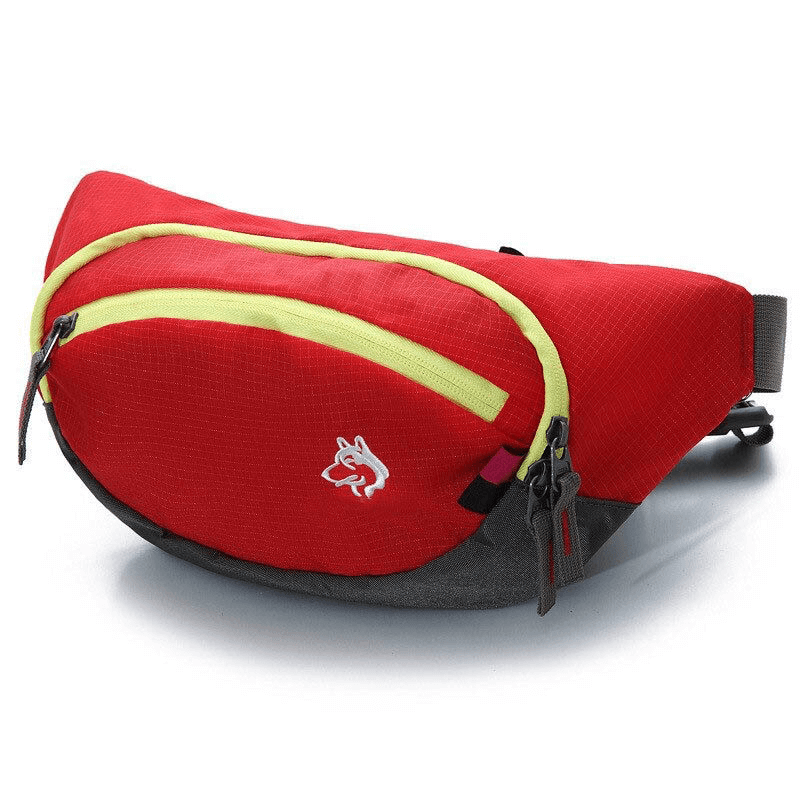 Red outdoor running waist bag with hydration belt, featuring adjustable straps and durable nylon design, suitable for men and women.