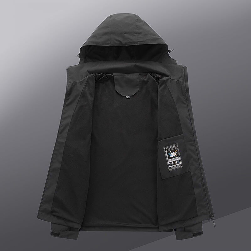 Black women's thin windbreaker with hood and breathable polyester lining, perfect for outdoor sports and hiking. Model SF0784.