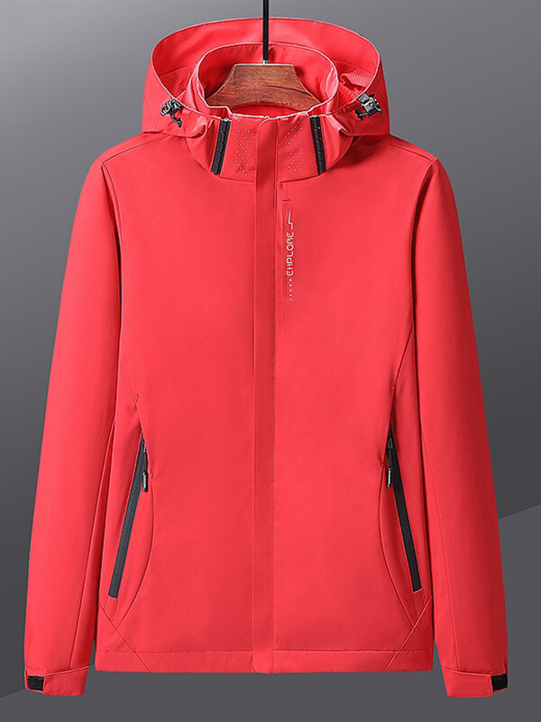 Women's red thin windbreaker with hood, ideal for outdoor sports, featuring breathable and windproof polyester design.