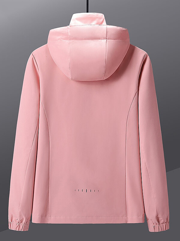 Pink women's thin windbreaker for outdoor sports, lightweight and breathable design, perfect for hiking and camping.