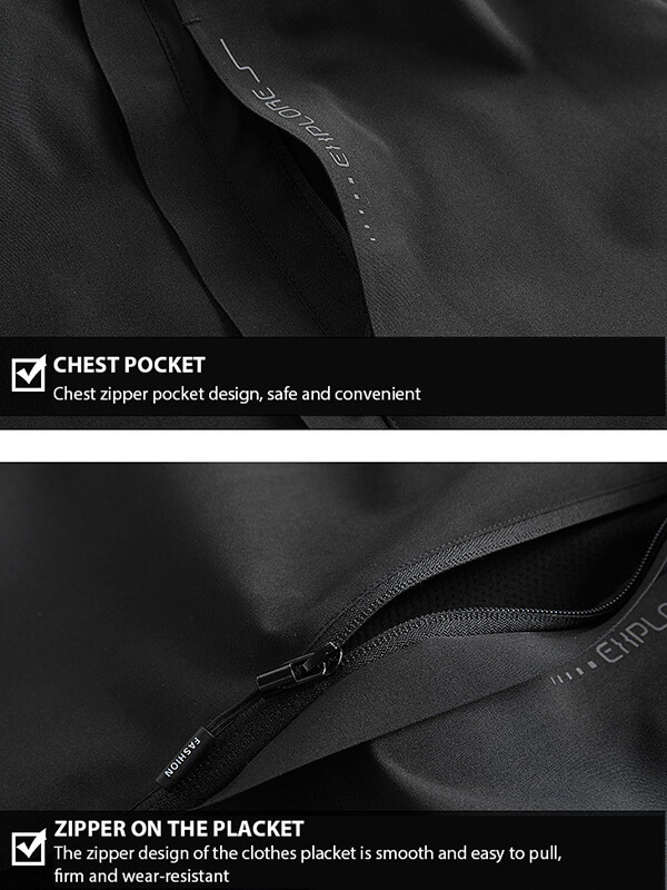 Close-up of black windbreaker highlighting chest pocket and zipper details, focusing on secure and convenient design features.
