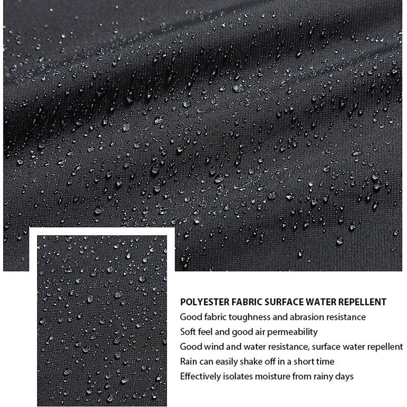 Close-up of water-repellent polyester fabric with droplets, showcasing toughness and moisture resistance ideal for outdoor wear.