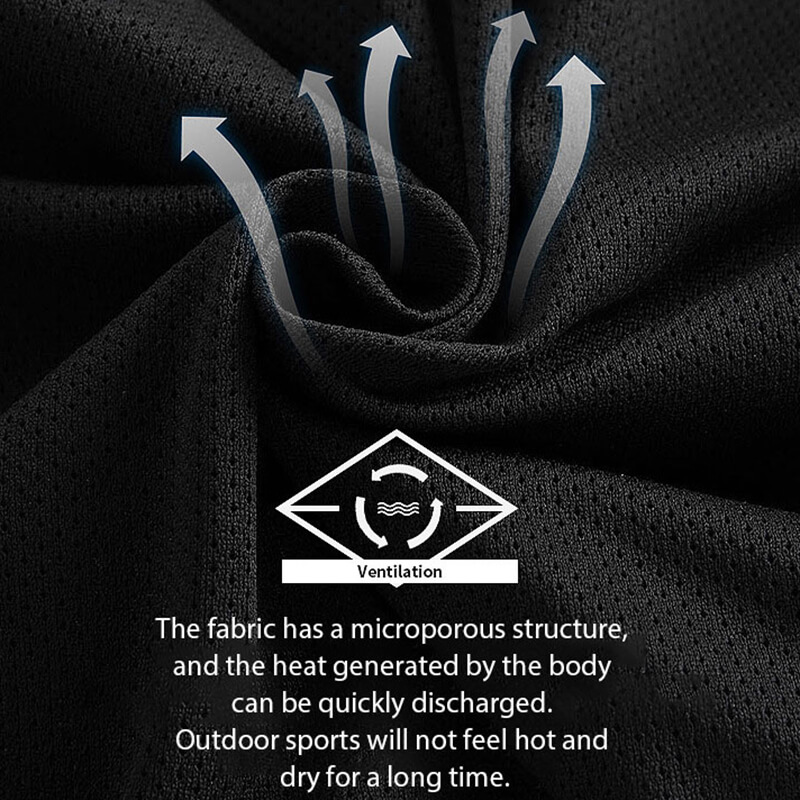 Microporous black fabric with ventilation arrows, showcasing breathable design for outdoor sports windbreaker.