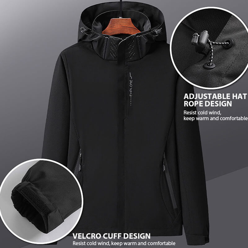 Women's black thin windbreaker with adjustable hood and velcro cuffs, designed for outdoor sports. Lightweight, windproof, breathable.