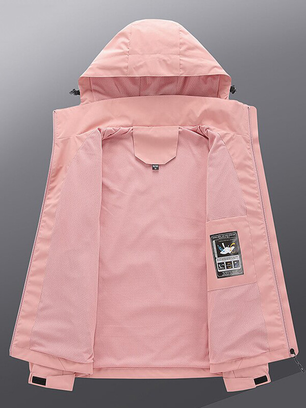 Pink thin windbreaker for women with hood and breathable lining, ideal for camping and hiking. SF0784