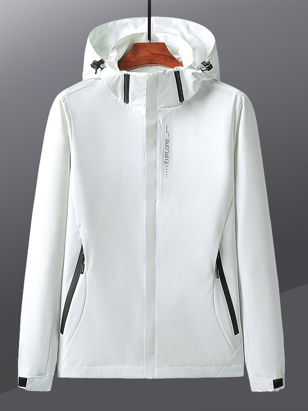 Women's solid color thin windbreaker on hanger, lightweight and breathable for outdoor sports, perfect for hiking or camping.
