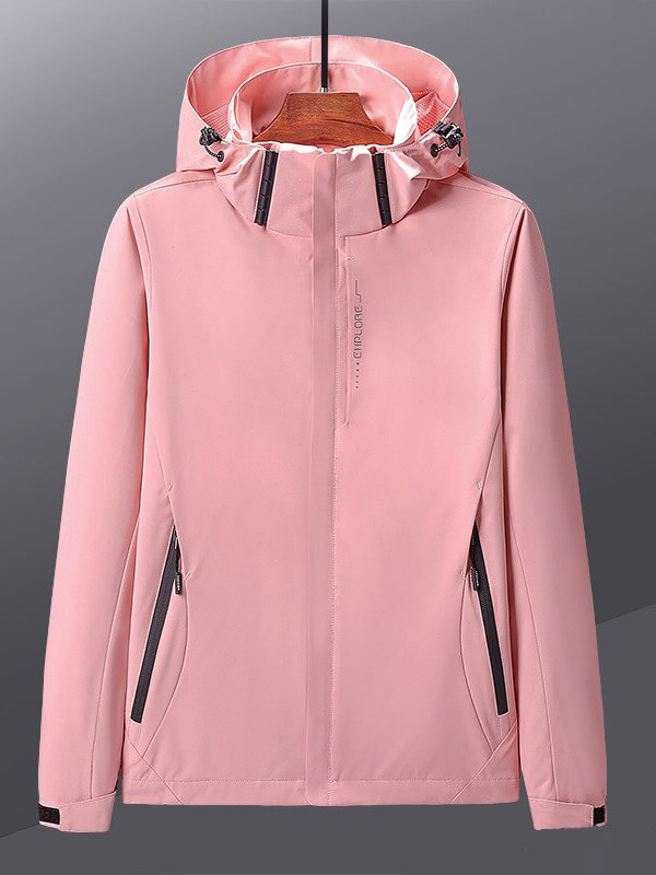 Outdoor sports pink thin windbreaker for women, lightweight and windproof, perfect for hiking, featuring polyester material.
