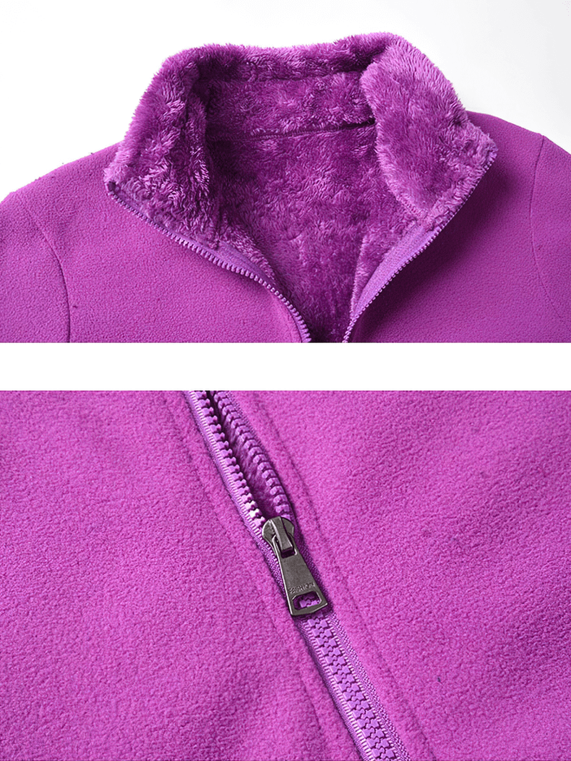Close-up of purple Outdoor Sports Stand Collar Zipper Thermal Fleece Jacket, highlighting its plush lining and sturdy zipper.