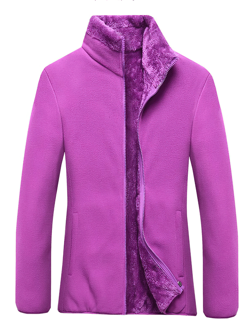 Purple thermal fleece jacket with stand collar, ideal for outdoor sports and hiking, featuring a zipper closure.