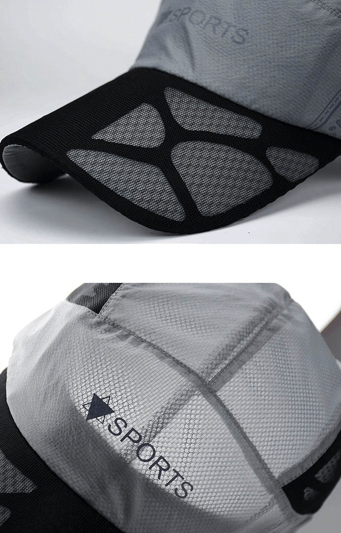 Outdoor thin breathable quick-drying sports baseball cap in gray, close-up view showcasing nylon fabric and adjustable strap for unisex casual style.