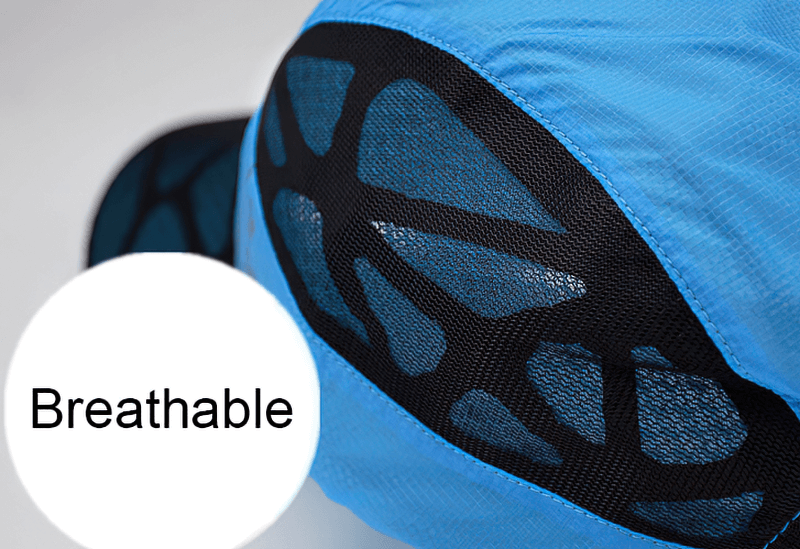 Close-up of the breathable mesh design on the blue Outdoor Thin Breathable Quick Drying Sports Baseball Cap, style SF0771.