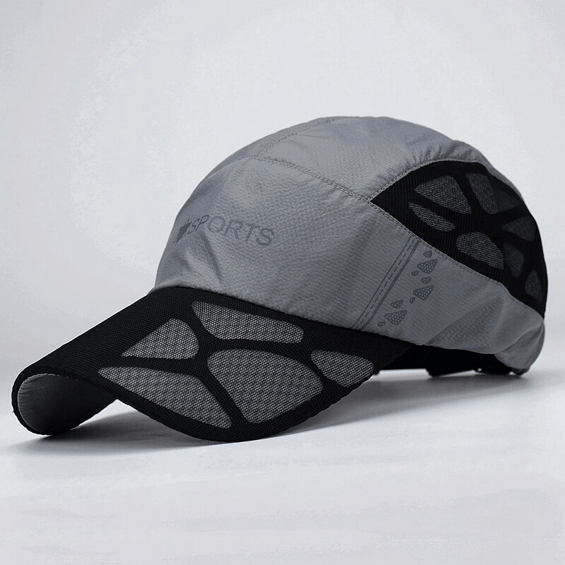 Gray breathable quick-dry baseball cap with mesh design, ideal for outdoor sports. Features adjustable strap, unisex, casual style.