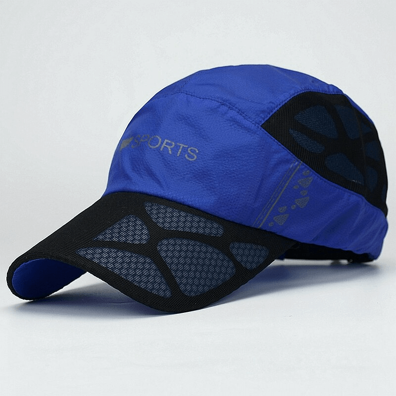 Blue outdoor quick drying sports baseball cap with adjustable strap, breathable mesh design, perfect for summer activities.