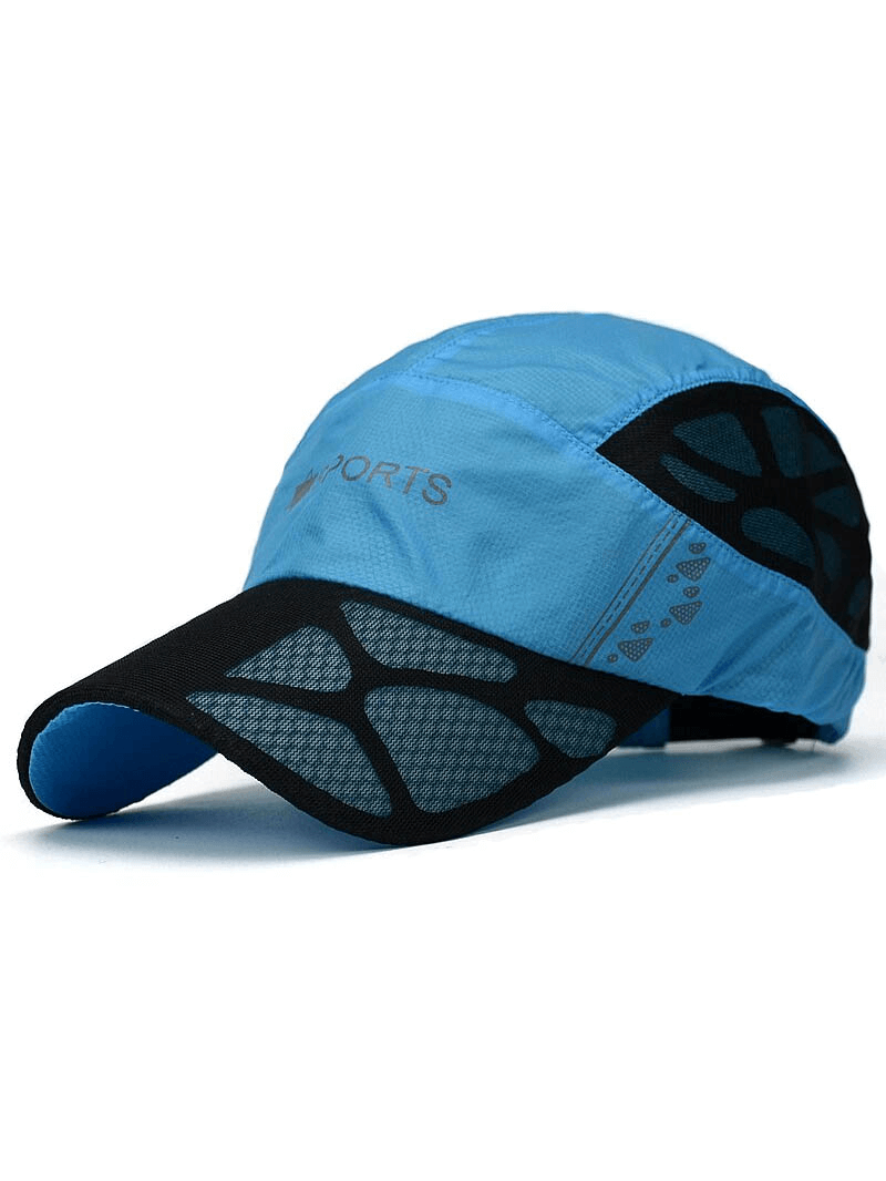 Blue quick-drying sports baseball cap with breathable mesh and adjustable strap, ideal for outdoor activities and sun protection.