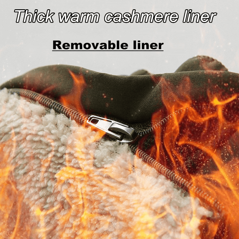Close-up of warm cashmere removable liner with zipper for men's ski pants, surrounded by fiery warmth.
