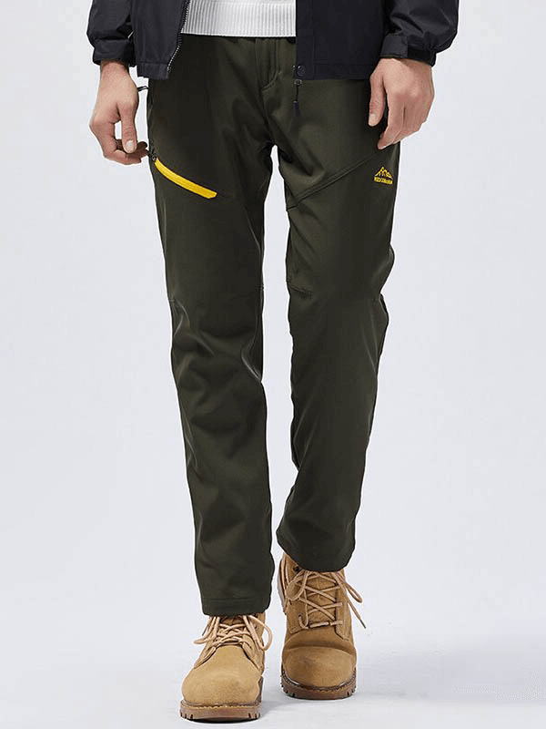 Men's outdoor windproof ski pants with removable liner in olive green, featuring a zipper fly and durable polyester fabric.