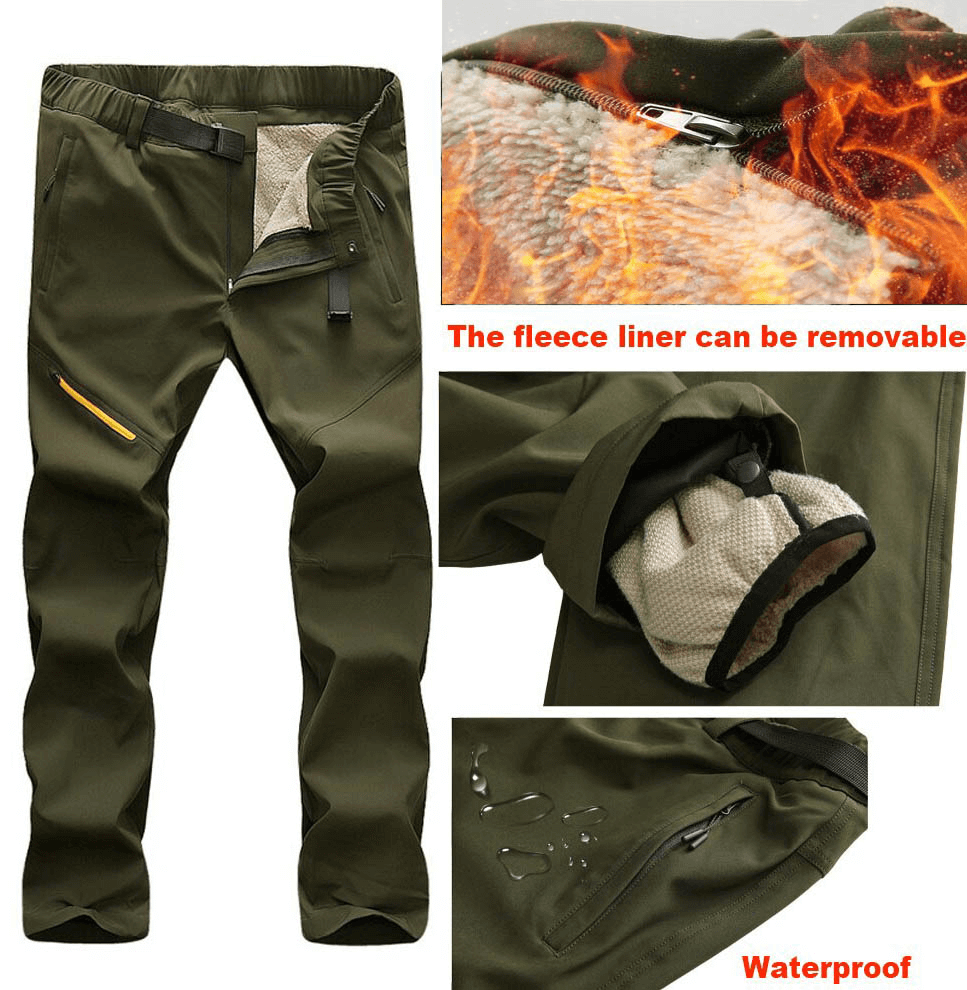 Men's windproof ski pants with removable fleece liner, waterproof design, and secure zipper fly. Perfect for outdoor cold weather adventures.