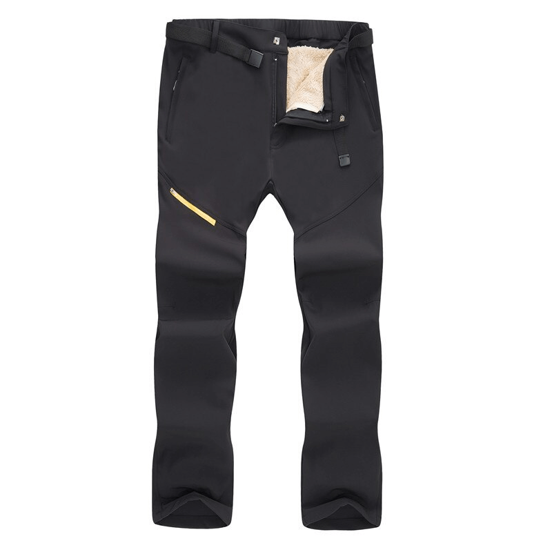 Men's black windproof ski pants with removable liner, zipper fly closure, and polyester fabric for warmth and comfort.