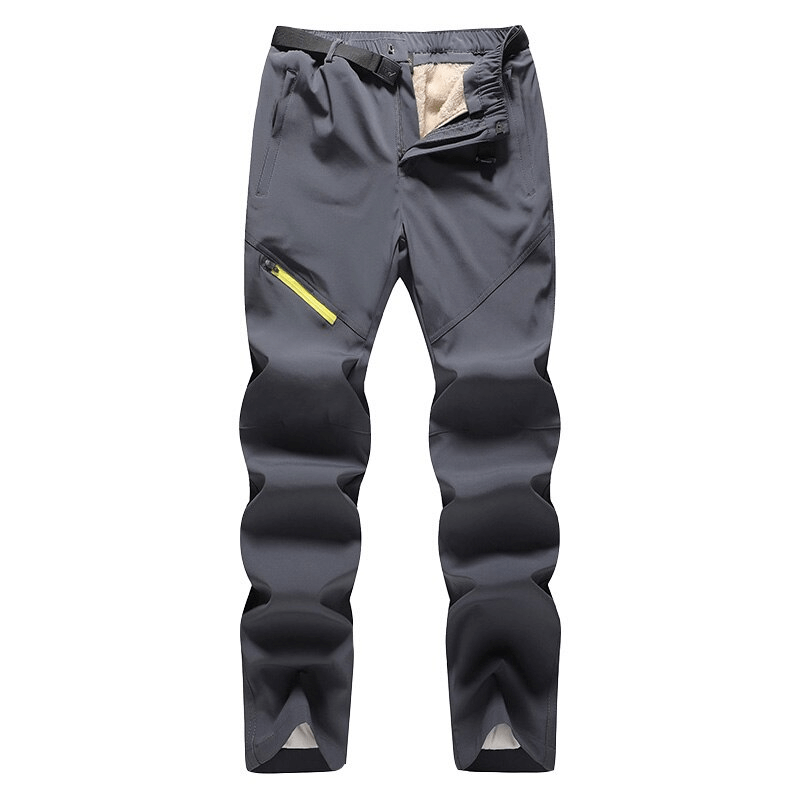 Men's outdoor windproof ski pants with removable liner in gray, featuring a zipper fly and full-length design for warmth.