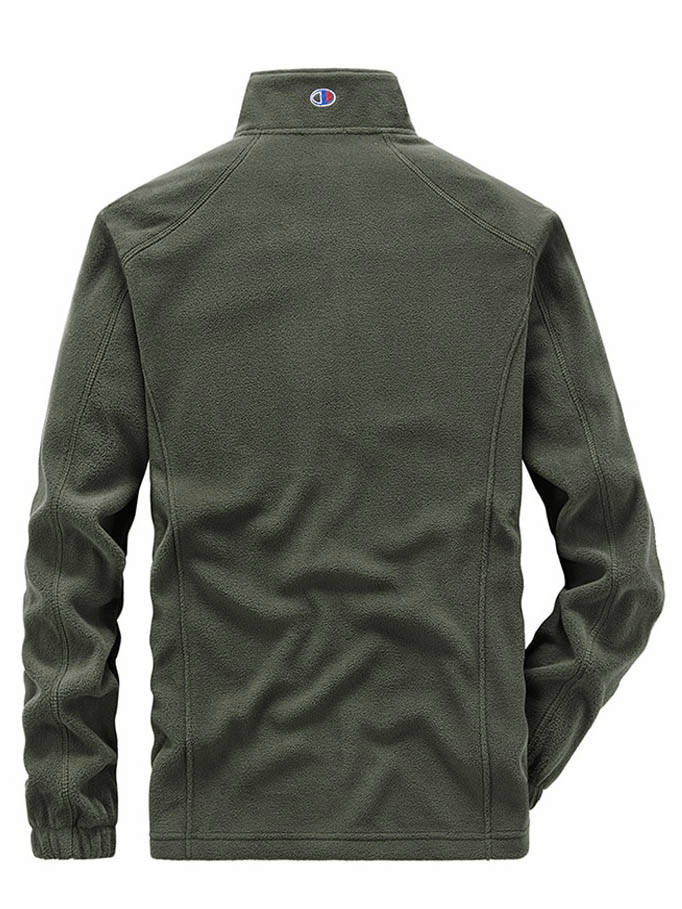 Olive Outdoor Zipper Fleece Hiking Jacket with Stand Collar and Inside Pockets for Men, perfect for cold weather adventures.