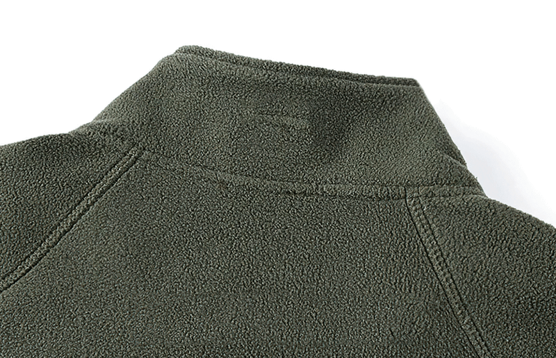 Close-up of olive green stand collar on men's outdoor fleece hiking jacket, showcasing soft fabric texture and stitching details.